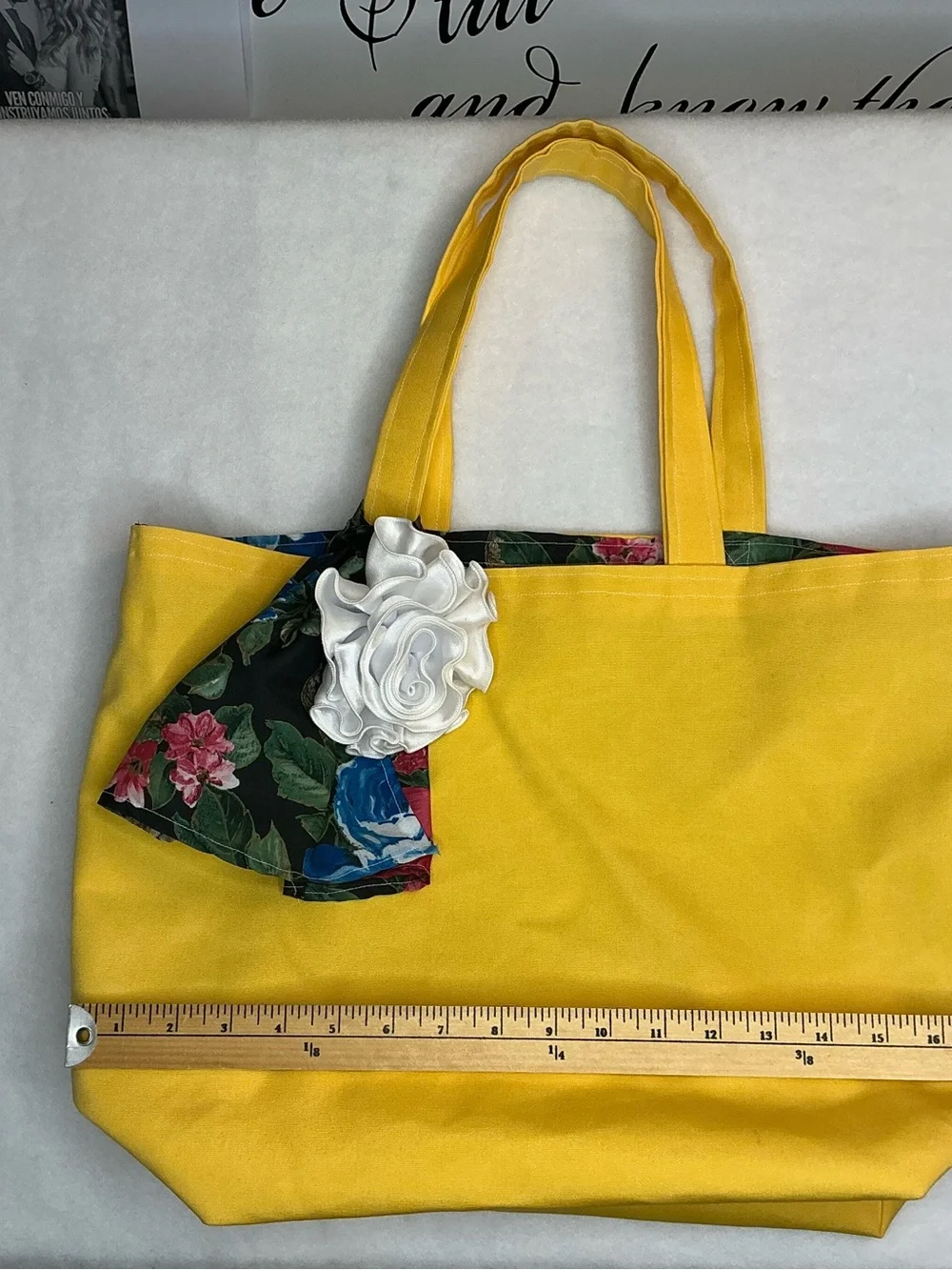 2034 - Sunny Yellow Canvas Tote with Floral Scarf and Rosette - Picture 15 of 16